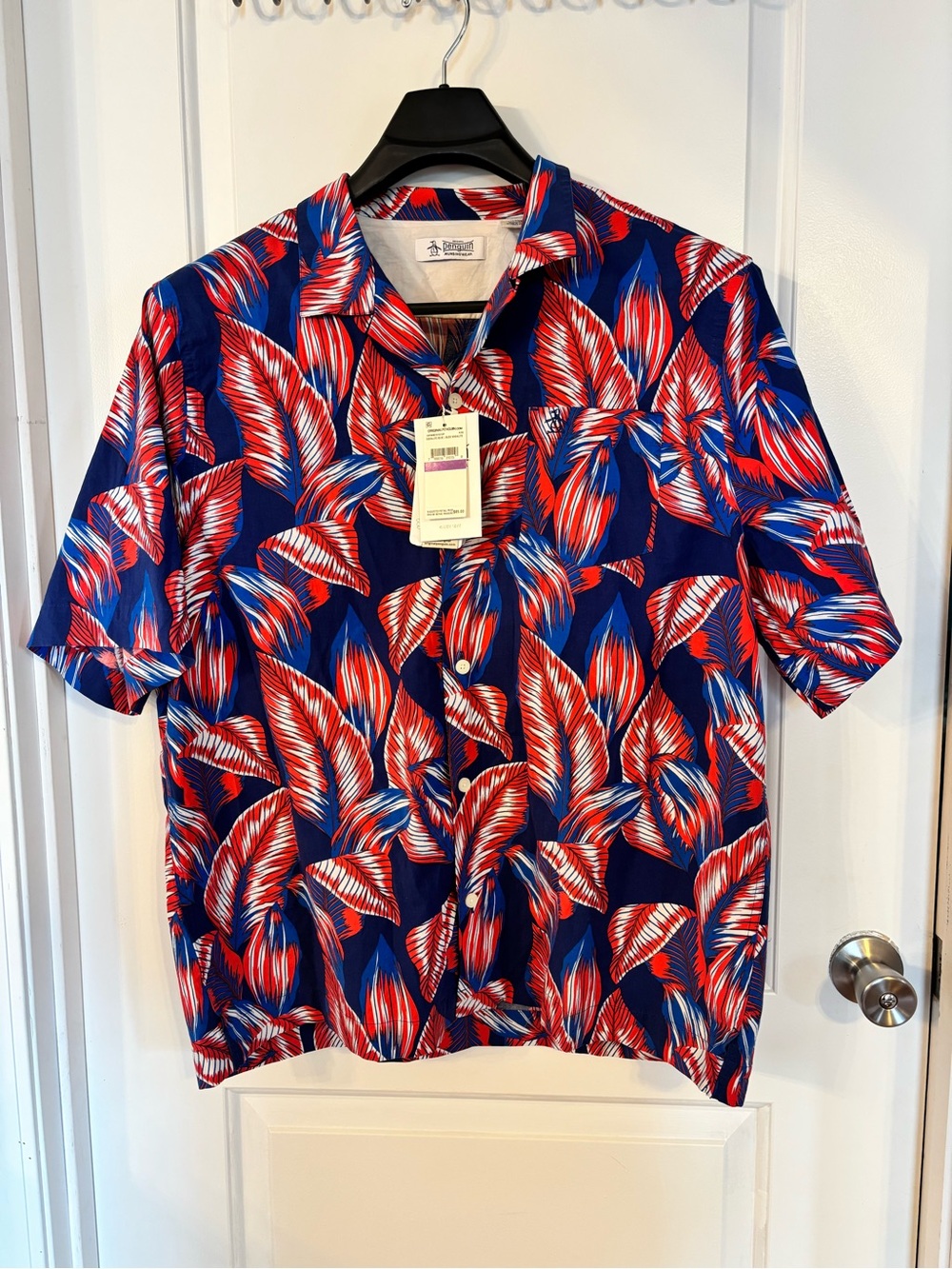 NWT Original Penguin Navy Button-Down Shirt with Red Leaf Print